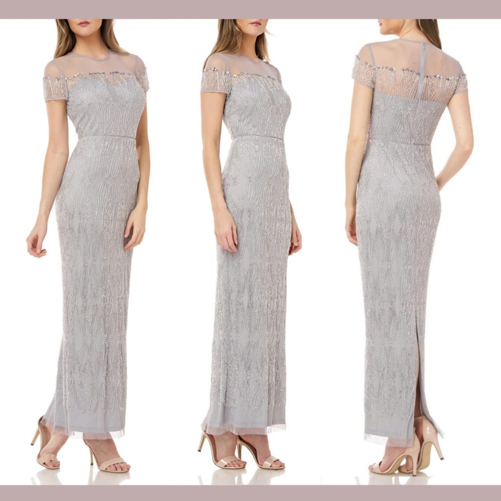 NWD JS COLLECTIONS Illusion Yoke Beaded Column Gown In‎ Silver